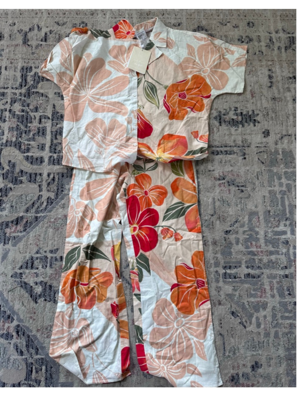 Women's SABO White & Orange Floral Wide Leg Pants Set Size M/L